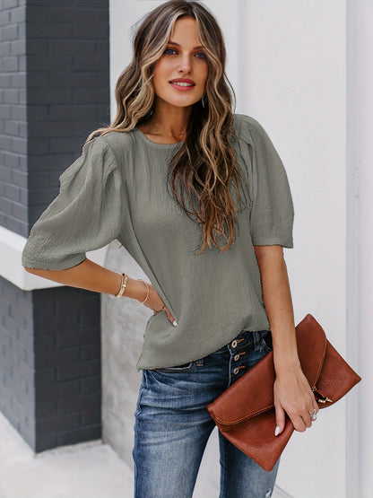 Solid Short Sleeve Blouse, Crew Neck Casual Every Day Top For Summer & Spring, Women's Clothing