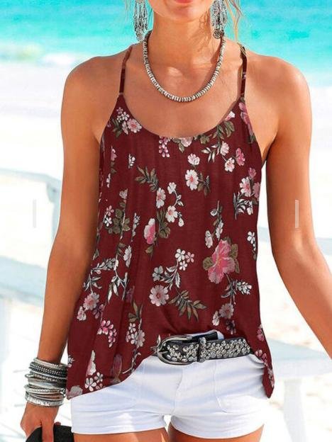 Backless Floral Print Spaghetti Straps Sleeveless Tank Tops - LuckyFash™