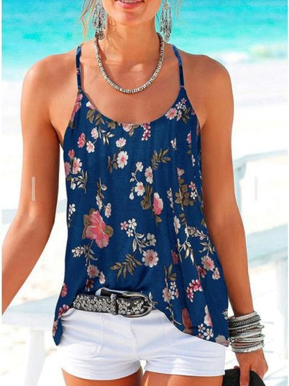 Backless Floral Print Spaghetti Straps Sleeveless Tank Tops - LuckyFash™