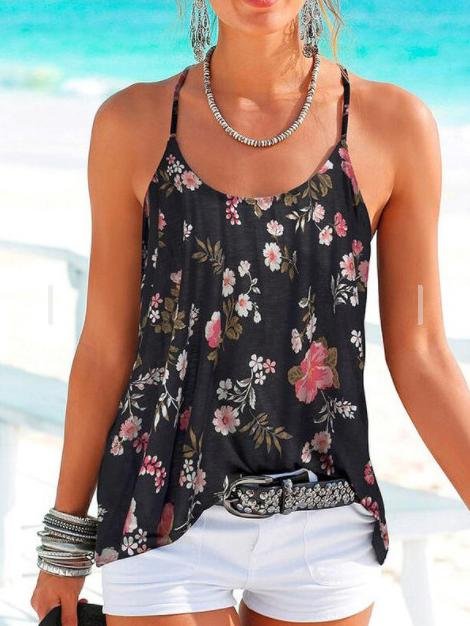 Backless Floral Print Spaghetti Straps Sleeveless Tank Tops - LuckyFash™