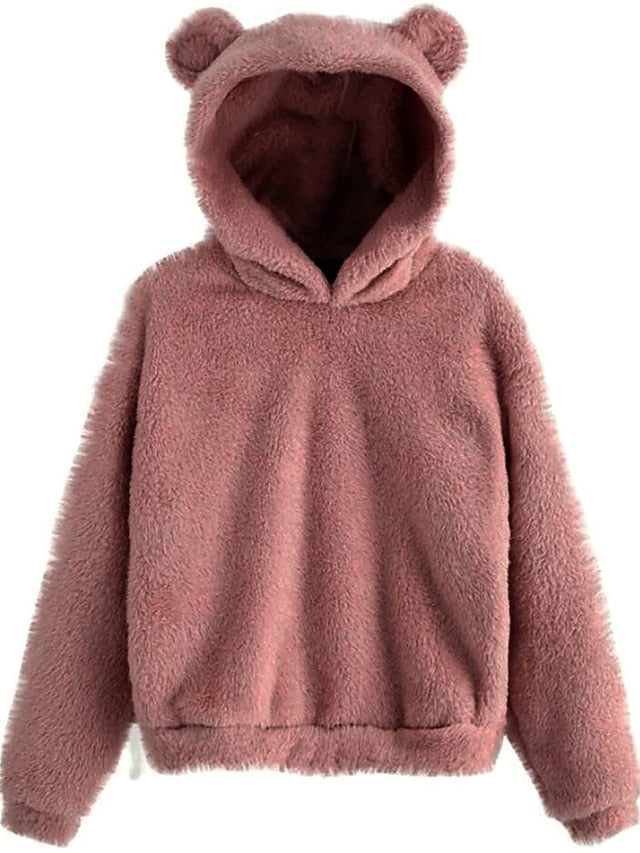 women's fleece fuzzy bear ear hooded sweatshirts hoodie long sleeve casual pullover tops multicolor - LuckyFash™