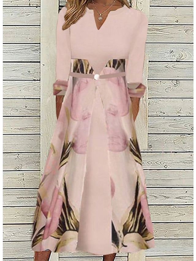 Womenâ€˜s Formal Dress Midi Dress Pink Half Sleeve Floral Ruched Layered Print Summer Spring Fall V Neck Elegant Casual Classic 2023 3XL - LuckyFash™