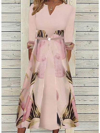 Womenâ€˜s Formal Dress Midi Dress Pink Half Sleeve Floral Ruched Layered Print Summer Spring Fall V Neck Elegant Casual Classic 2023 3XL - LuckyFash™