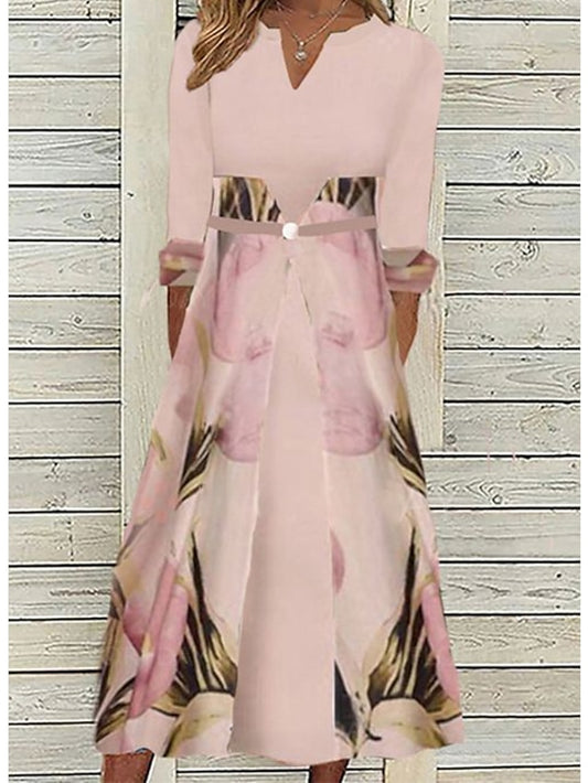 Womenâ€˜s Formal Dress Midi Dress Pink Half Sleeve Floral Ruched Layered Print Summer Spring Fall V Neck Elegant Casual Classic 2023 3XL - LuckyFash™
