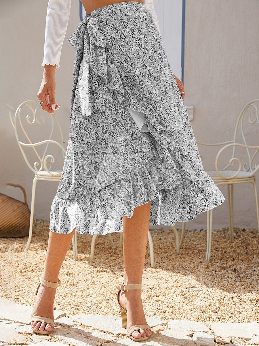 Bandage Split Irregular Floral Chiffon Skirt - LuckyFash™