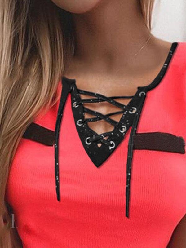 Bandage V-neck Tape Off-shoulder Short Sleeve T-shirts - LuckyFash™