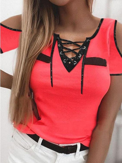 Bandage V-neck Tape Off-shoulder Short Sleeve T-shirts - LuckyFash™