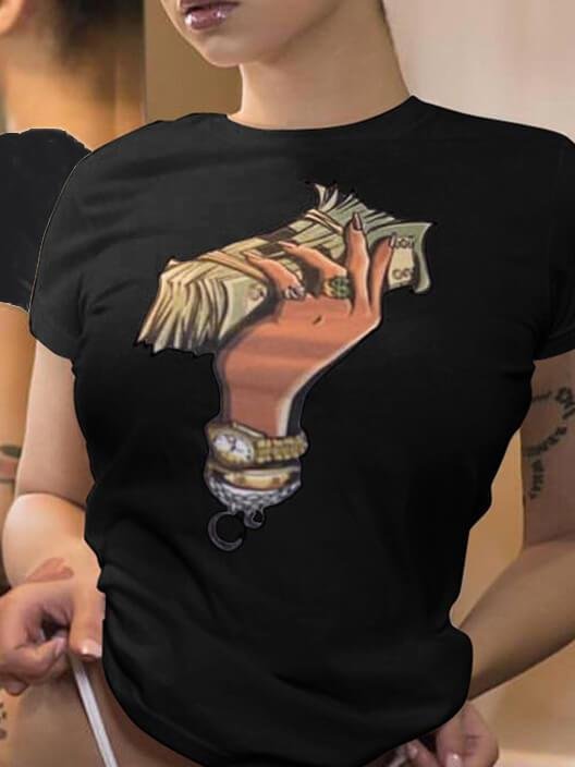 Banknote Print Round Neck Short Sleeve T-Shirt - LuckyFash™