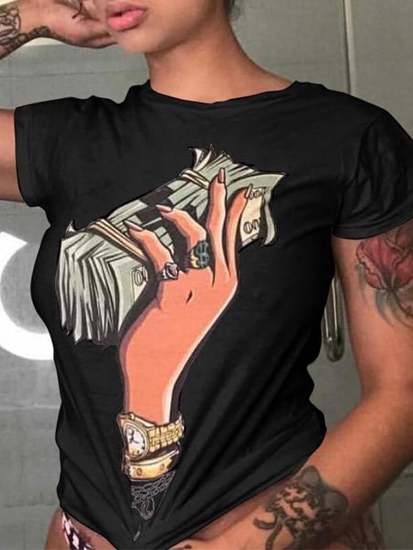 Banknote Print Round Neck Short Sleeve T-Shirt - LuckyFash™