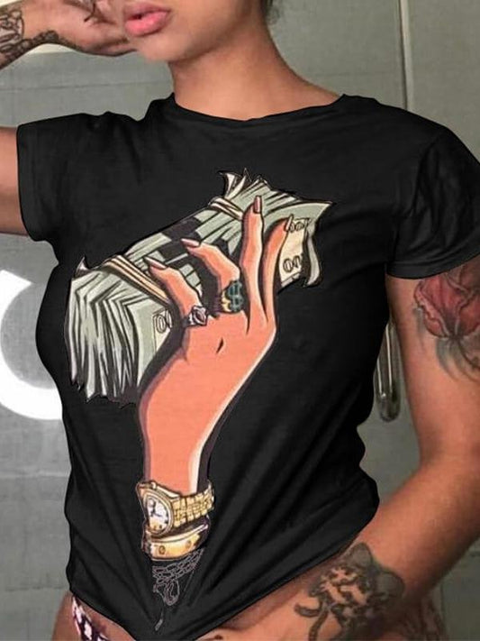 Banknote Print Round Neck Short Sleeve T-Shirt - LuckyFash™