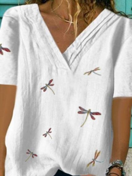 Basic Dragonfly Print V-neck Short-sleeved Top - LuckyFash™