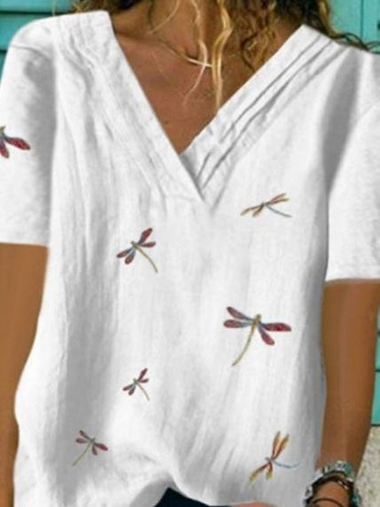 Basic Dragonfly Print V-neck Short-sleeved Top - LuckyFash™