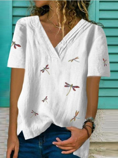 Basic Dragonfly Print V-neck Short-sleeved Top - LuckyFash™