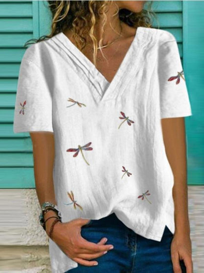 Basic Dragonfly Print V-neck Short-sleeved Top - LuckyFash™