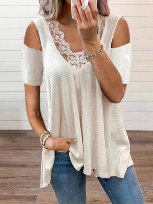 Basic Stitching V-neck Off-shoulder Short-sleeved Top - LuckyFash™
