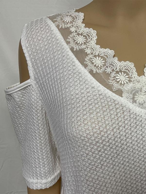 Basic Stitching V-neck Off-shoulder Short-sleeved Top - LuckyFash™