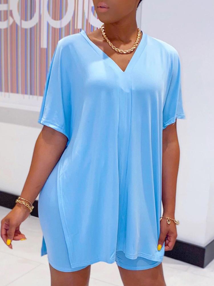 Batwing Sleeve Slit Top & High Waist Shorts Set - LuckyFash™