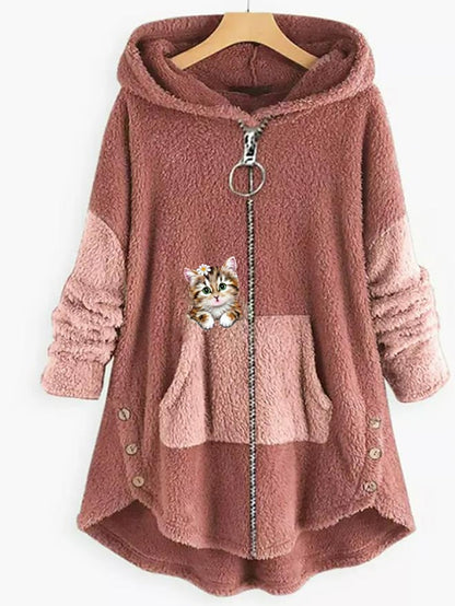 Fleece Jacket Pullover Casual Sherpa Fleece Teddy Zip Up Front Pocket Black Light Green Pink Cat Street Hoodie Plus Size Long Sleeve Fleece for Women - LuckyFash™