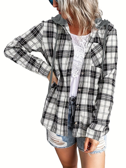 Hooded Plaid Print Blouse, Casual Button Front Drawstring Long Sleeve Blouse, Women's Clothing