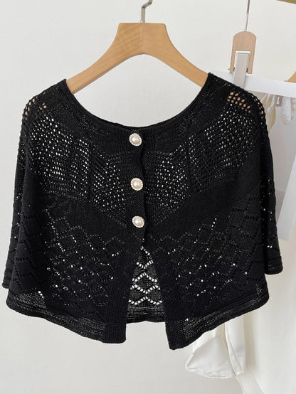 Solid Color Knitted Hollow Shawl Women's Summer Air-conditioned Elegant Vest with Pearl Button Womens Cape Sunscreen Fake Collar - LuckyFash™