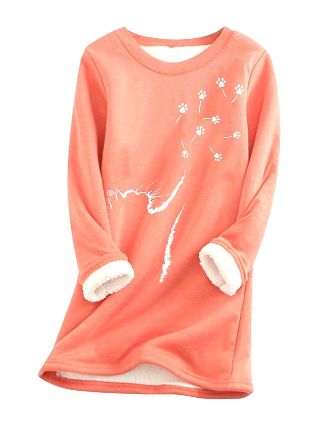 Women's Fleece Pullover Sweatshirt Wine Red West Red Black Animal Cat Print Long Sleeve Home Daily Basic Casual Sherpa Fleece Crew Neck Cotton L - LuckyFash™