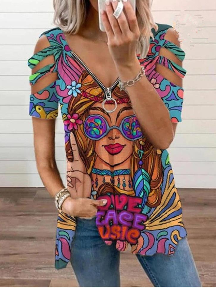 Beauty Image V-Neck Zipper Cutout Short Sleeve T-Shirt - LuckyFash™