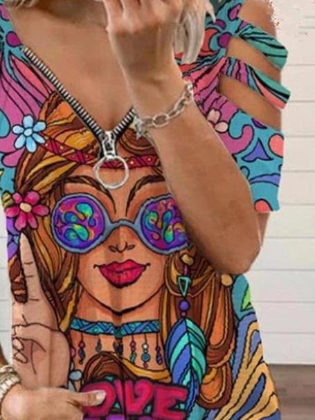 Beauty Image V-Neck Zipper Cutout Short Sleeve T-Shirt - LuckyFash™