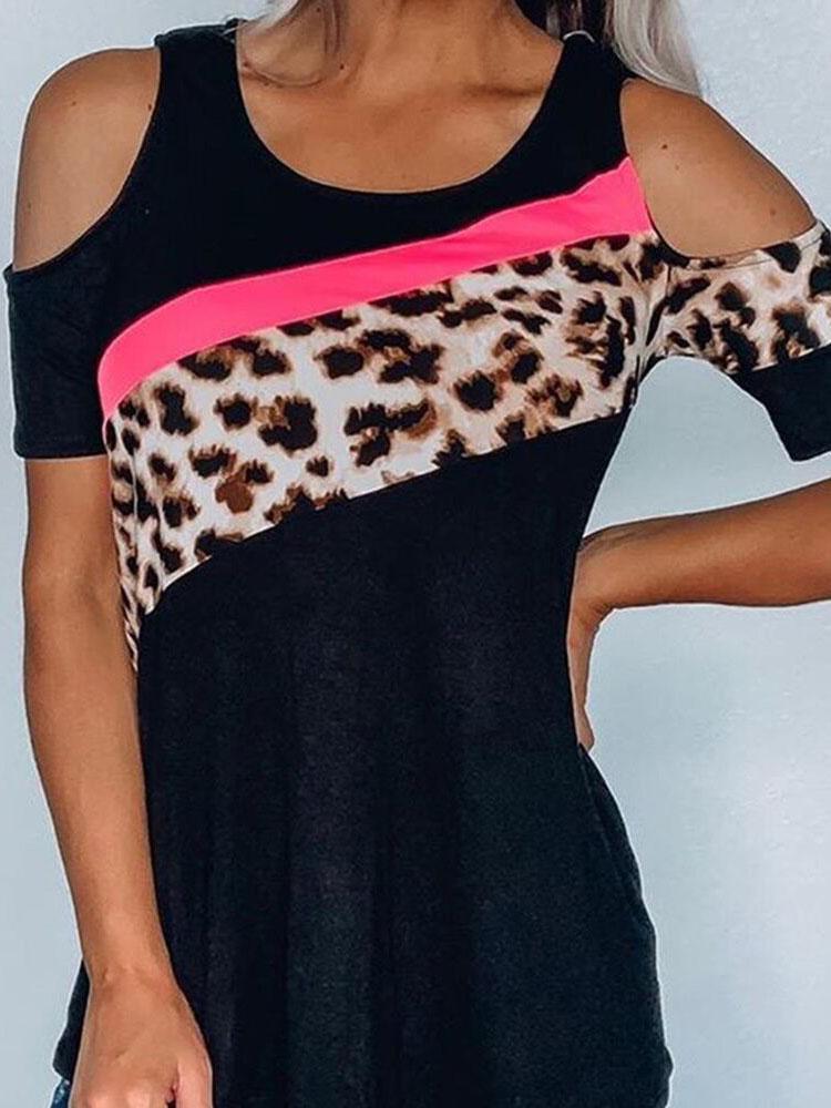 Beauty Strapless Leopard Print Stitching Short Sleeve T-shirt - LuckyFash™