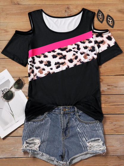 Beauty Strapless Leopard Print Stitching Short Sleeve T-shirt - LuckyFash™