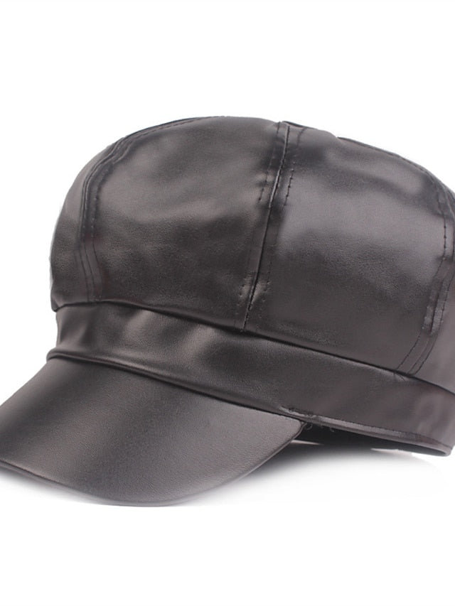 PU Beret Women's Spring Autumn Winter Black Newsboy British Vintage Street Painter's Hat Wine Red Hat Simple Style Berets Octagonal Hat - LuckyFash™