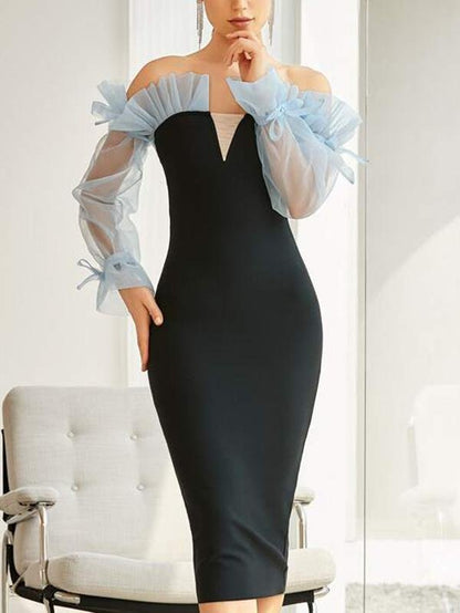 Bell Sleeve Ruffle Mesh Colorblock Bodycon Dress - LuckyFash™