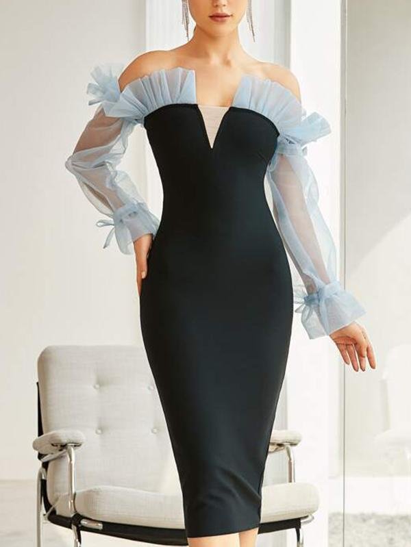 Bell Sleeve Ruffle Mesh Colorblock Bodycon Dress - LuckyFash™