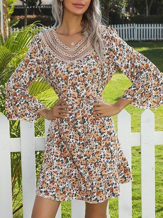 Bell Sleeve V Neck Stitching Lace Floral Dress - LuckyFash™