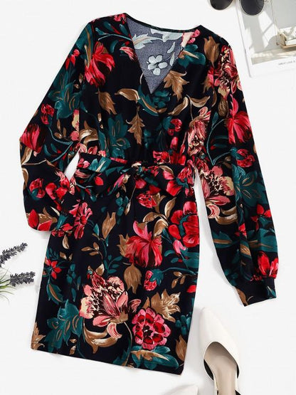 Belted Floral Surplice Bodycon Dress - LuckyFash™