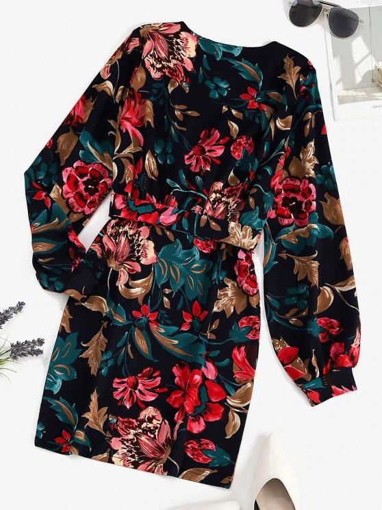 Belted Floral Surplice Bodycon Dress - LuckyFash™