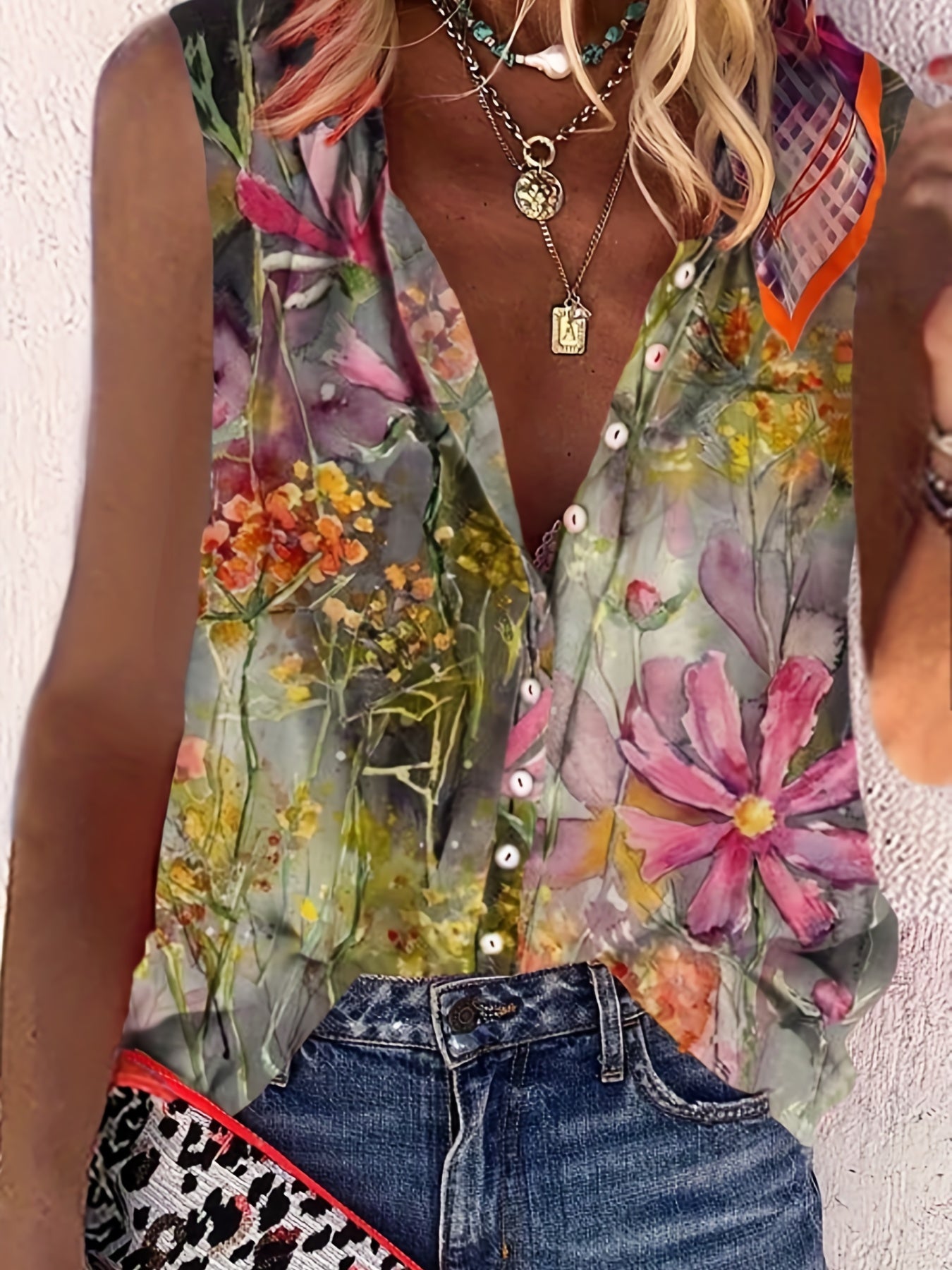 Floral Print Sleeveless Blouse, Casual Crew Neck Button Front Blouse, Women's Clothing