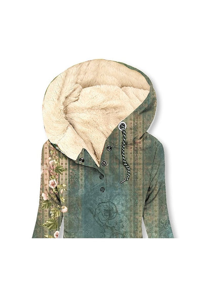 Womenâ€˜s Fleece Hoodie Dress Winter Dress Mini Dress Green Long Sleeve Floral Button Print Winter Fall Hooded Stylish Casual 2022 S M L XL XXL 3XL - LuckyFash™