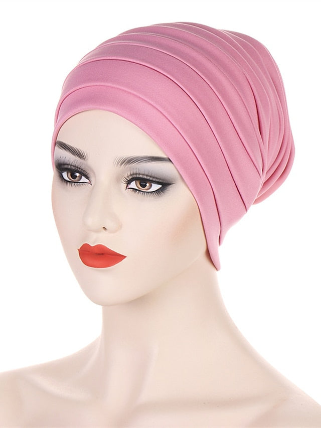 Candy Color Ladies Head Wraps Muslim Hijab Bonnets Fashion Headgear Trendy Elastic Full Body Pleated Turban Cap for Women - LuckyFash™