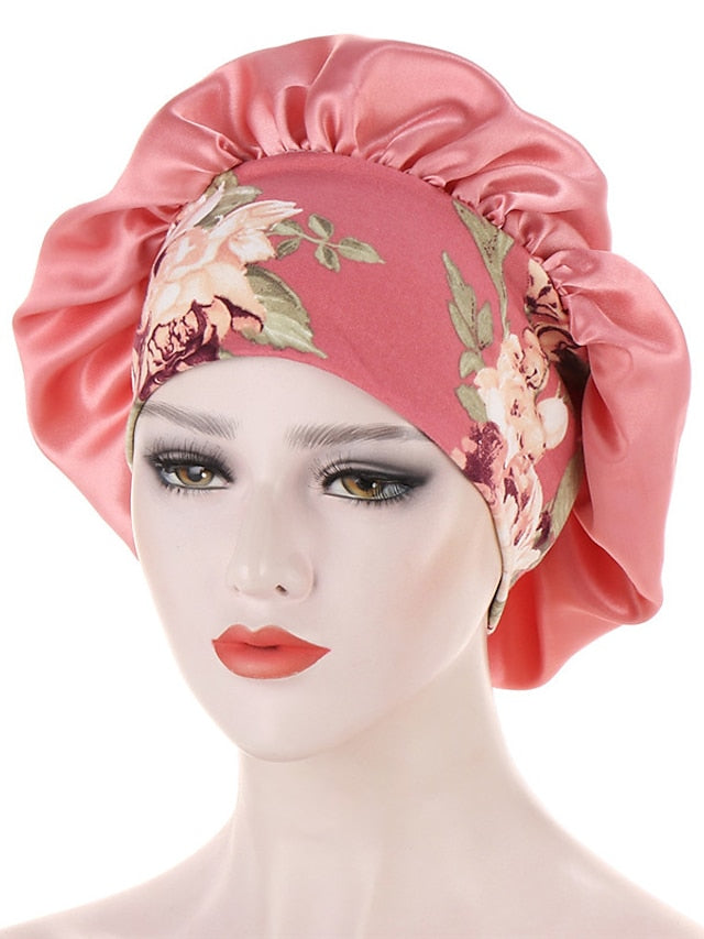 Women Satin Night Beauty Salon Sleep Cap Bonnet Hat Silk Headwrap Floral Print Wide Elastic Band Curly Springy Hair Chemo Cap Sleep Cap - LuckyFash™