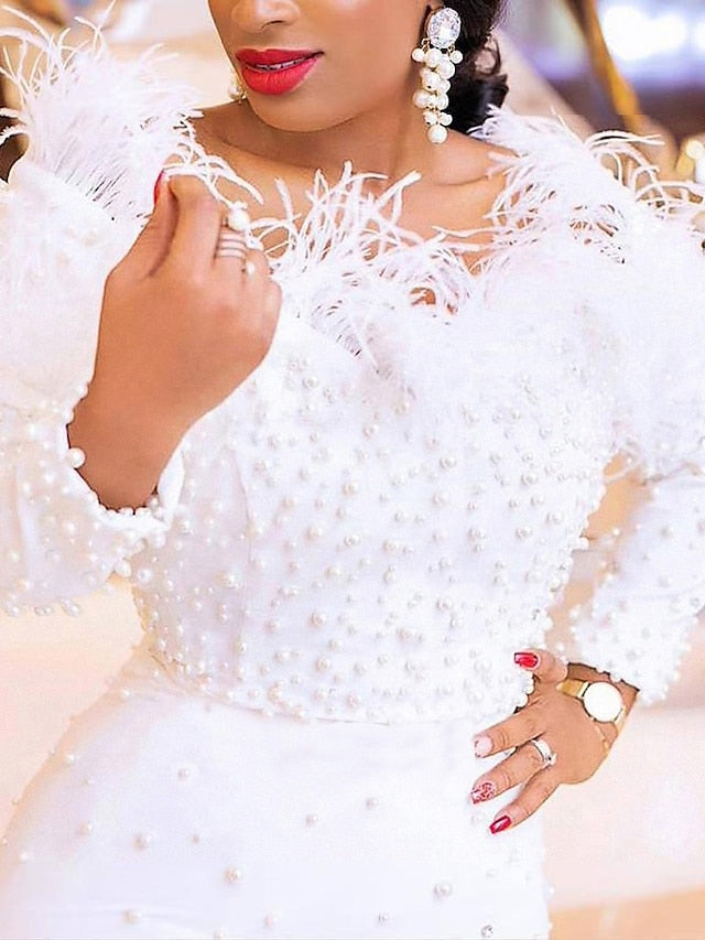 Womenâ€˜s Formal Party Dress Feather Dress Long Dress Maxi Dress White Black Long Sleeve Pure Color pearl Winter Fall Off Shoulder Elegant Modern Fall Dress Slim 2023 S M L XL XXL / Winter Dress - LuckyFash™