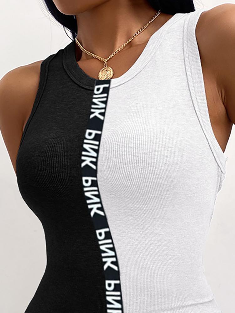 Black And White Colorblock Letter Print Tank Dress - LuckyFash™