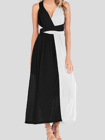 Black And White Stitching V-neck High Waist Dress - LuckyFash™