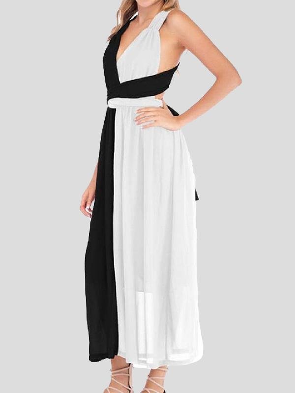 Black And White Stitching V-neck High Waist Dress - LuckyFash™