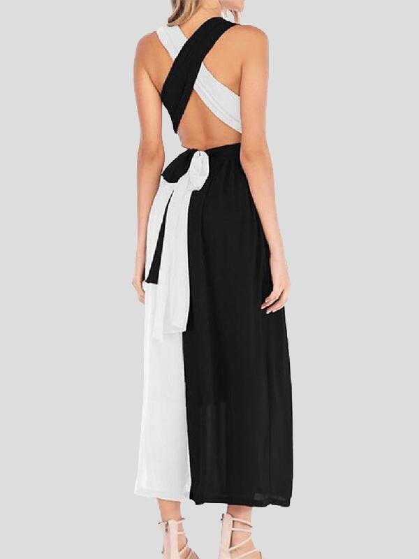 Black And White Stitching V-neck High Waist Dress - LuckyFash™