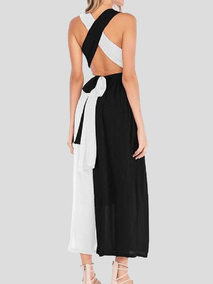 Black And White Stitching V-neck High Waist Dress - LuckyFash™