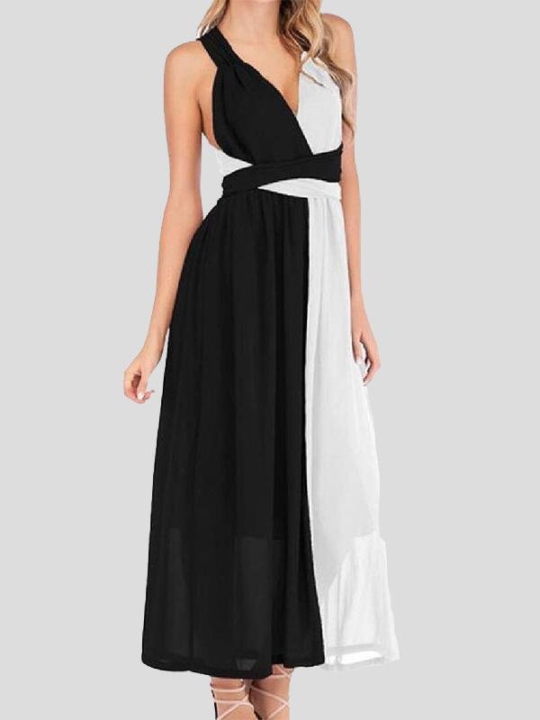 Black And White Stitching V-neck High Waist Dress - LuckyFash™