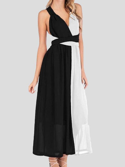 Black And White Stitching V-neck High Waist Dress - LuckyFash™
