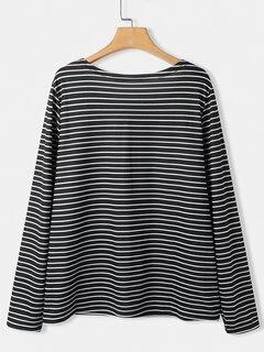 Black Cat Print Long Sleeve O-neck White Striped Plus Size T-shirt - LuckyFash™