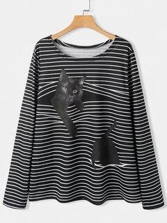 Black Cat Print Long Sleeve O-neck White Striped Plus Size T-shirt - LuckyFash™