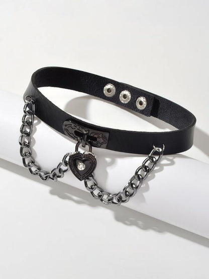 Black Gothic Ajustable Pu Leather Choker Collar Necklace With Heart Pendant - LuckyFash™